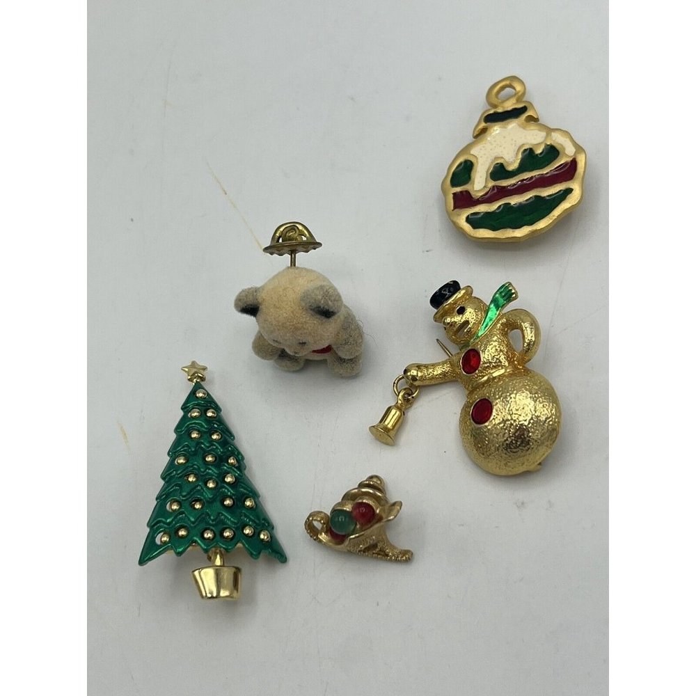 5 Christmas Holiday Brooches Pin Snowman, Tree Sleigh, Bauble. Metal Felt bear - Picture 2 of 16